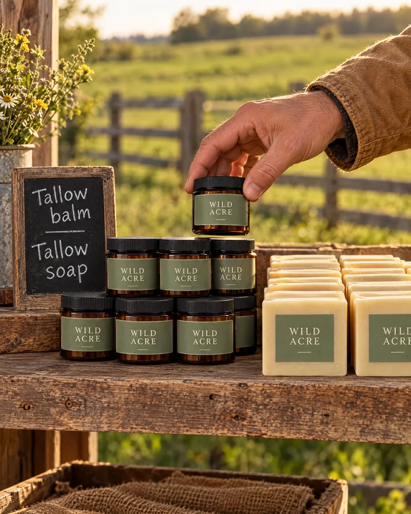 Tallow balm and soap with a concept ranch label on a farm stand