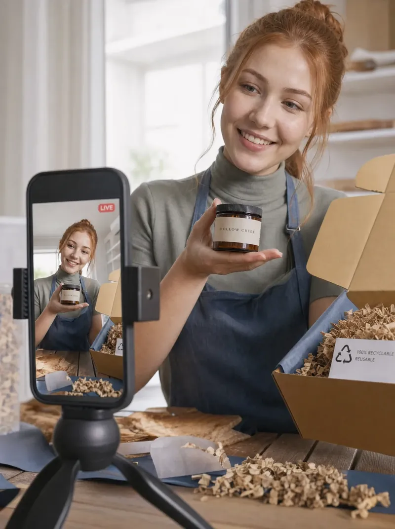 A creator holding a jar with a sample brand label while going live on her phone, a shipping box beside her