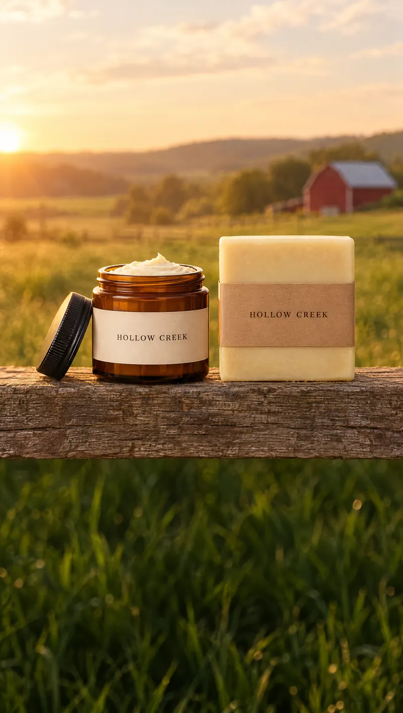 Whipped tallow balm in an amber jar and a square tallow soap bar with a sample brand label, on a rail at the edge of a Minnesota pasture at sunset