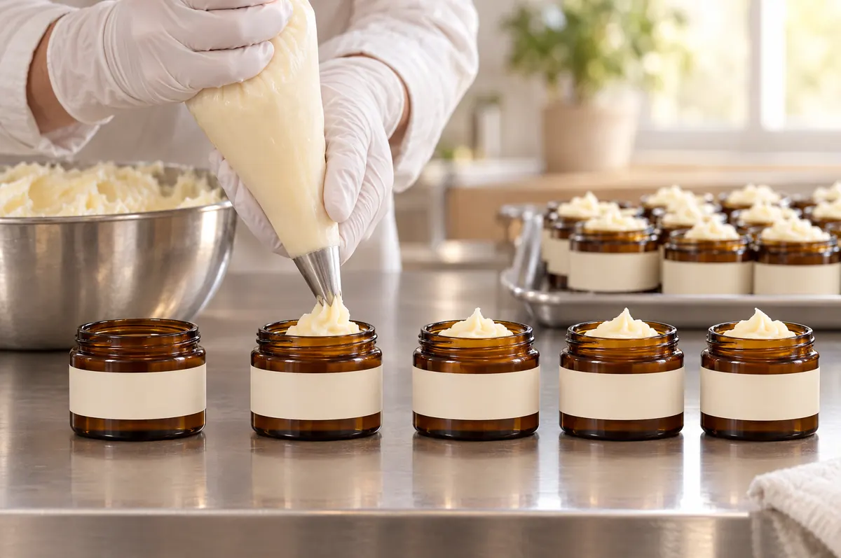Gloved hands piping whipped tallow balm into amber jars in our Minneapolis kitchen