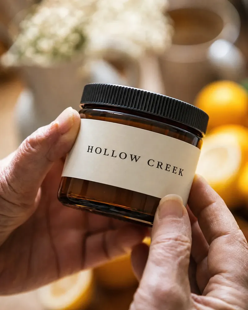 Hands holding an amber jar of tallow balm with a sample brand label
