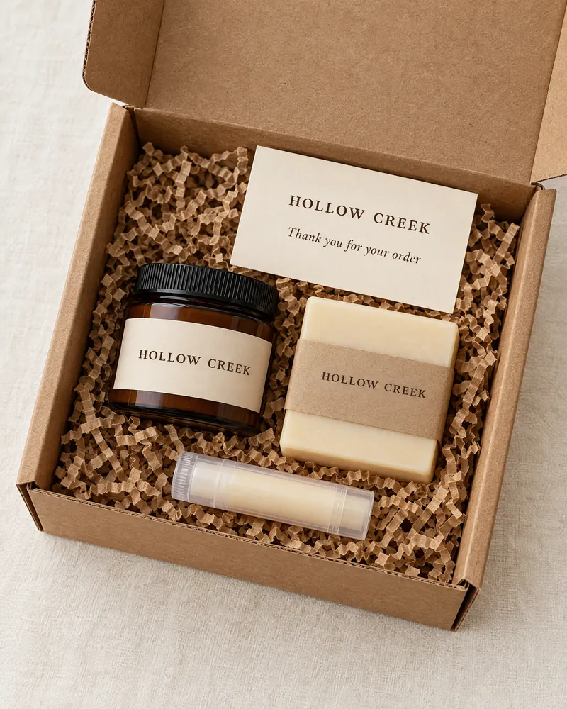 An order packed in a plain kraft box with a packing slip carrying a sample brand logo