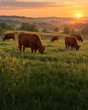 Cattle grazing on open pasture at golden hour