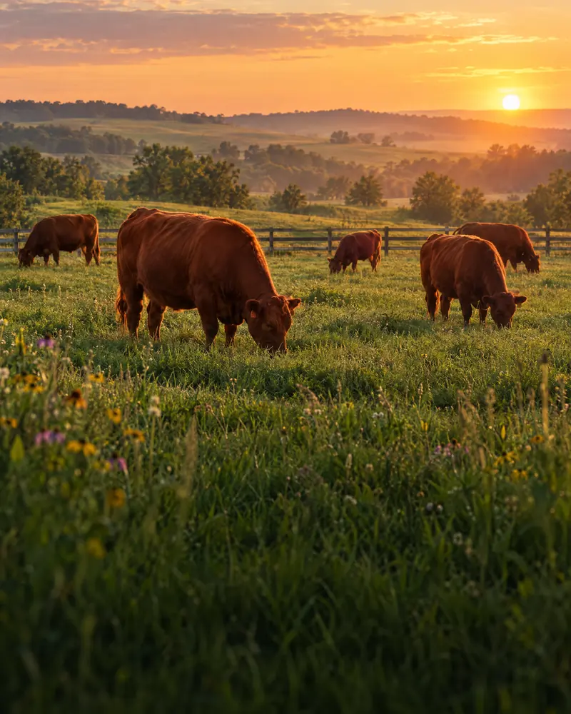 Red Angus cattle grazing a green pasture at golden hour