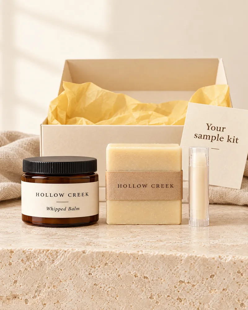 A sample kit with a whipped balm jar, a square soap bar and a lip balm