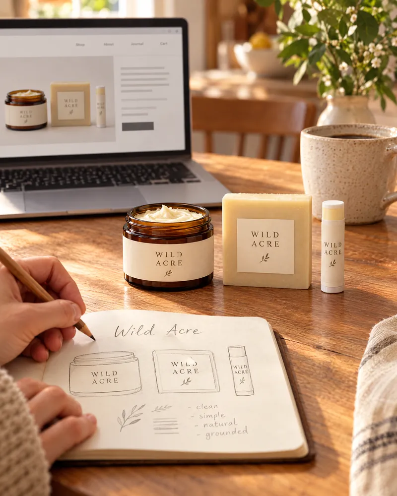 Sketching a first tallow skincare label at a kitchen table next to sample products