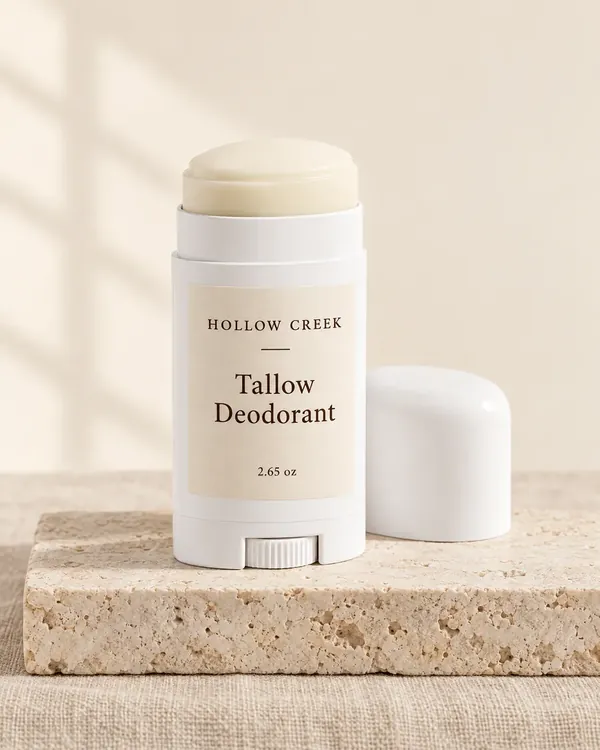 Tallow Deodorant with a sample brand label