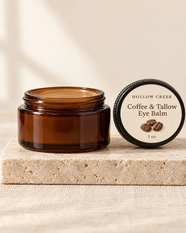 Coffee & Tallow Eye Balm with a sample brand label