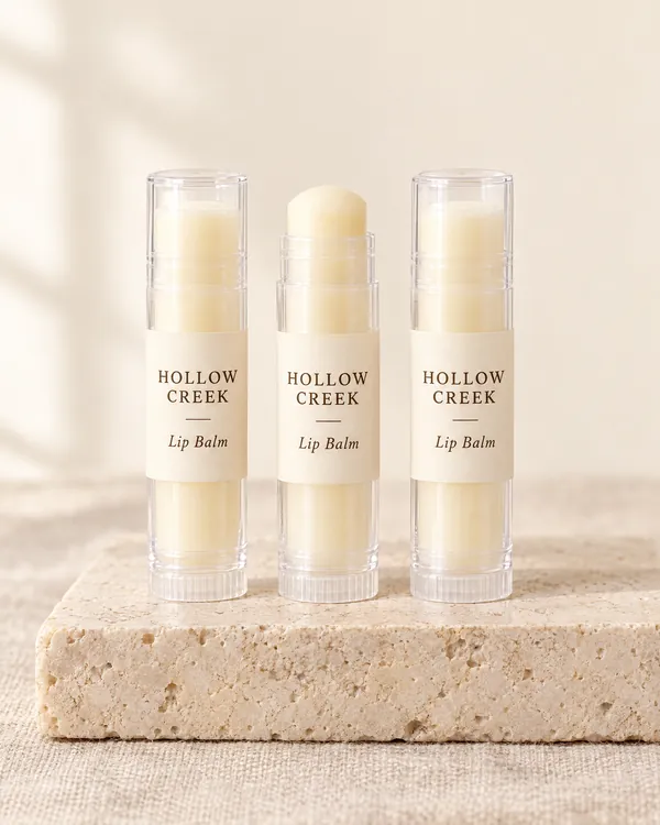Tallow Lip Balm with a sample brand label