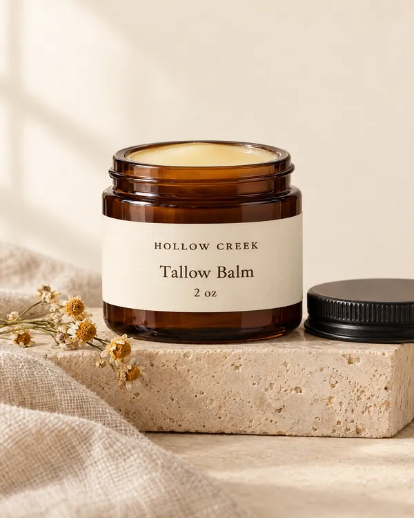 Tallow Balm with a sample brand label