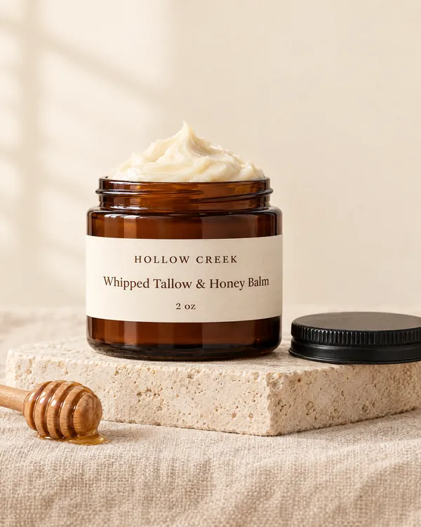 Whipped Tallow & Honey Balm with a sample brand label
